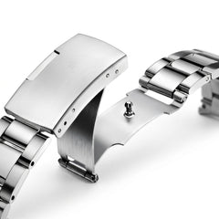 Close-up of a silver watch strap on a white background