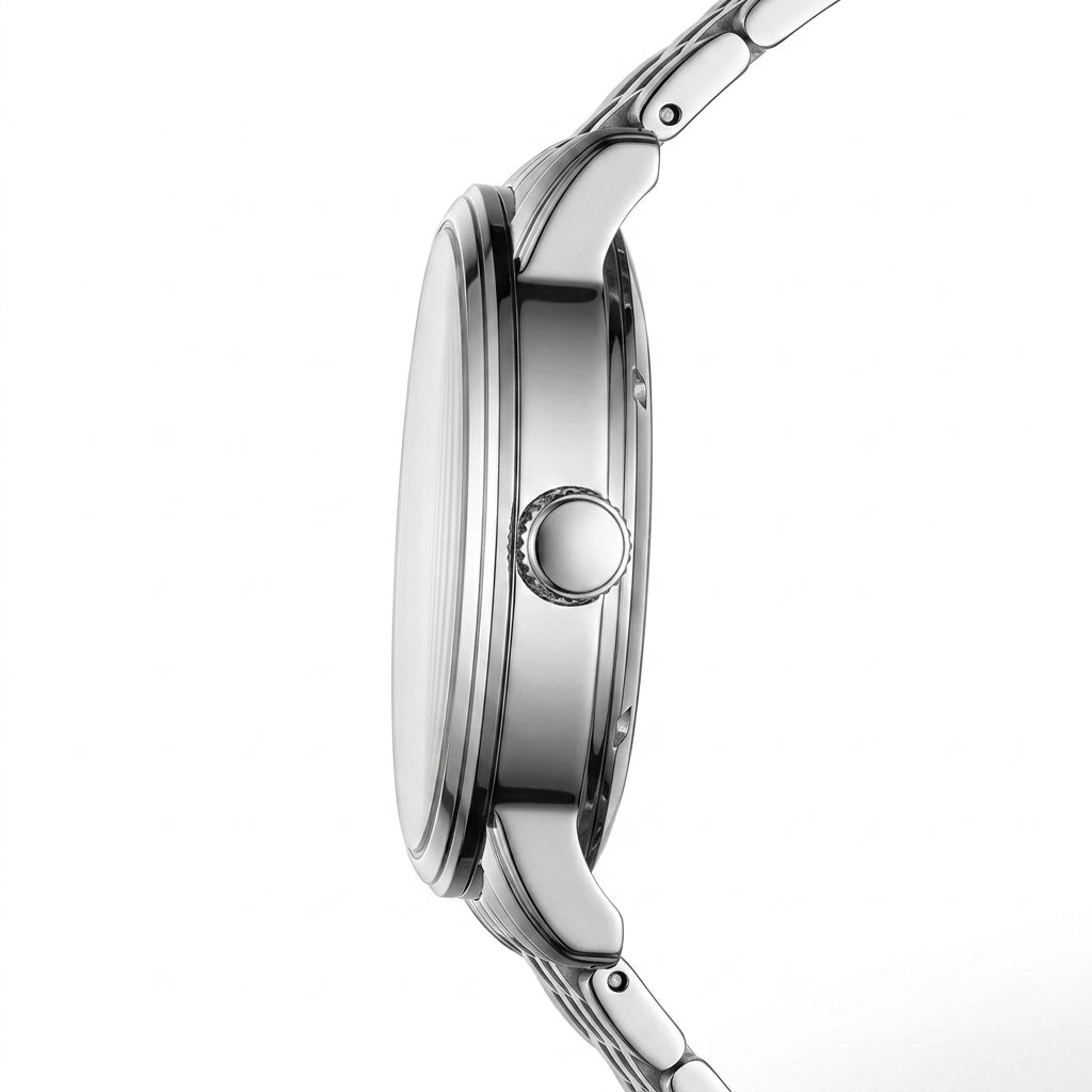 Close-up of a silver watch with a white background