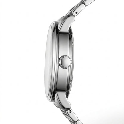 Close-up of a silver watch with a white background