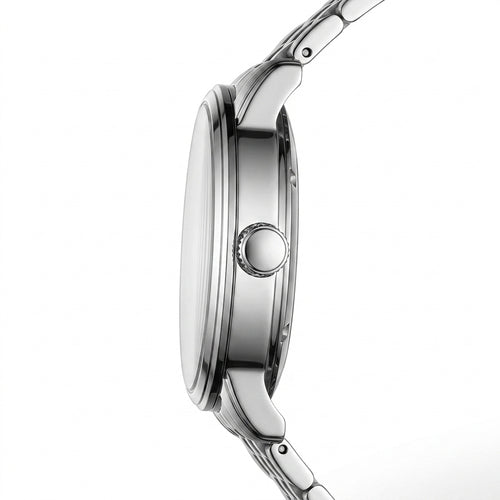 Close-up of a silver watch with a white background