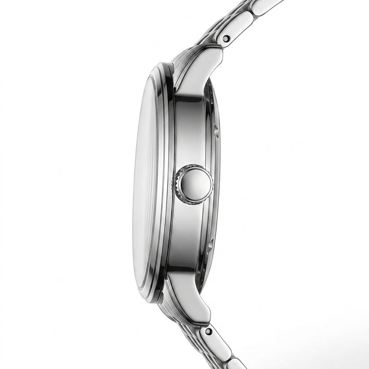 Close-up of a silver watch with a white background