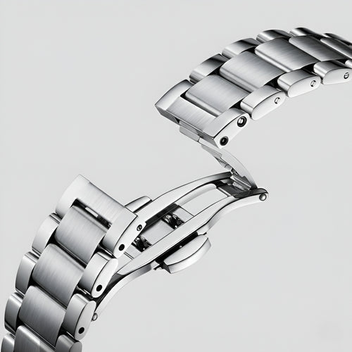 Close-up of a silver watch band on a light gray background