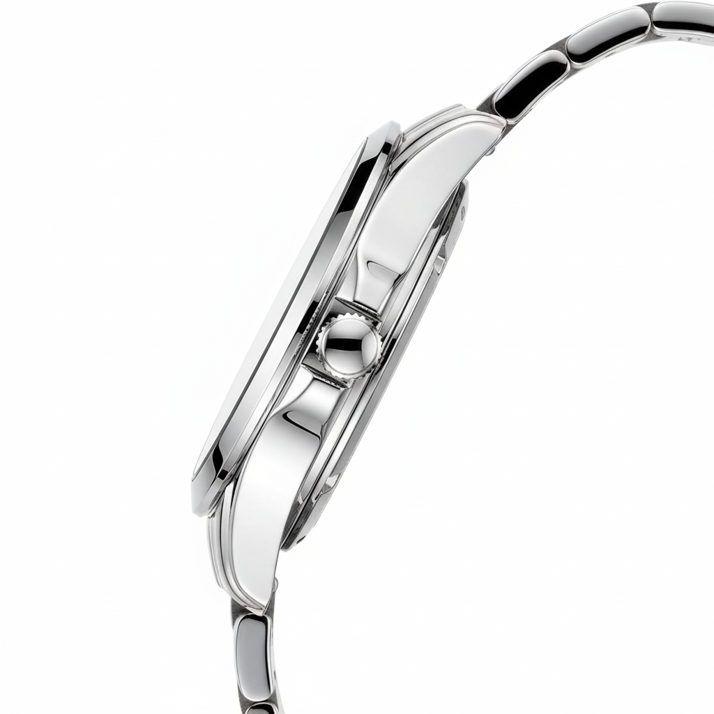 Close-up of a silver watch band on a white background