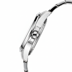 Close-up of a silver watch band on a white background