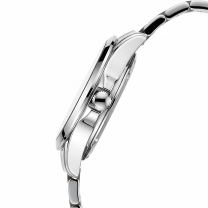 Close-up of a silver watch band on a white background