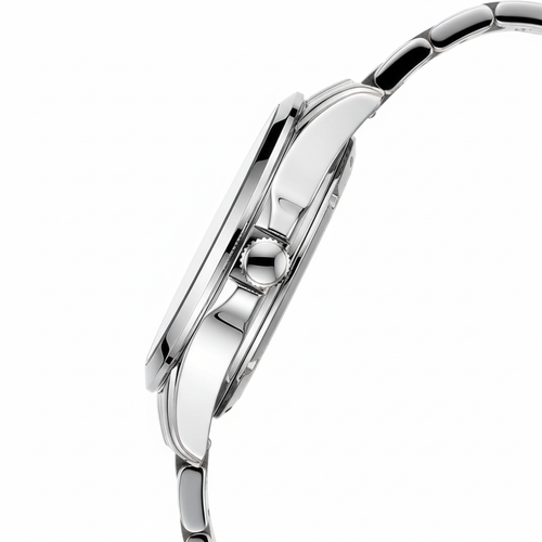 Close-up of a silver watch band on a white background