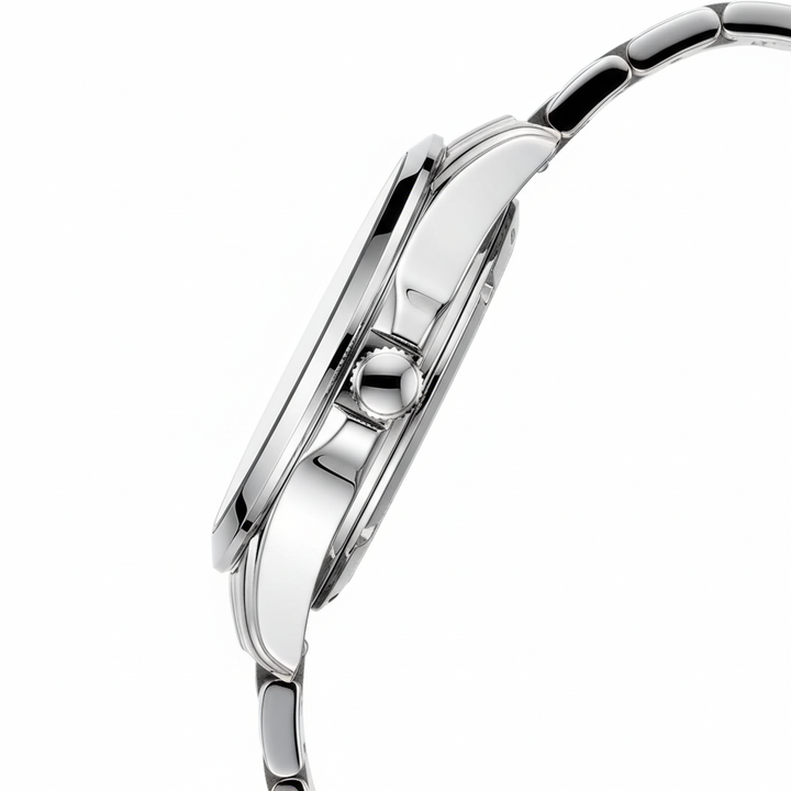 Close-up of a silver watch band on a white background