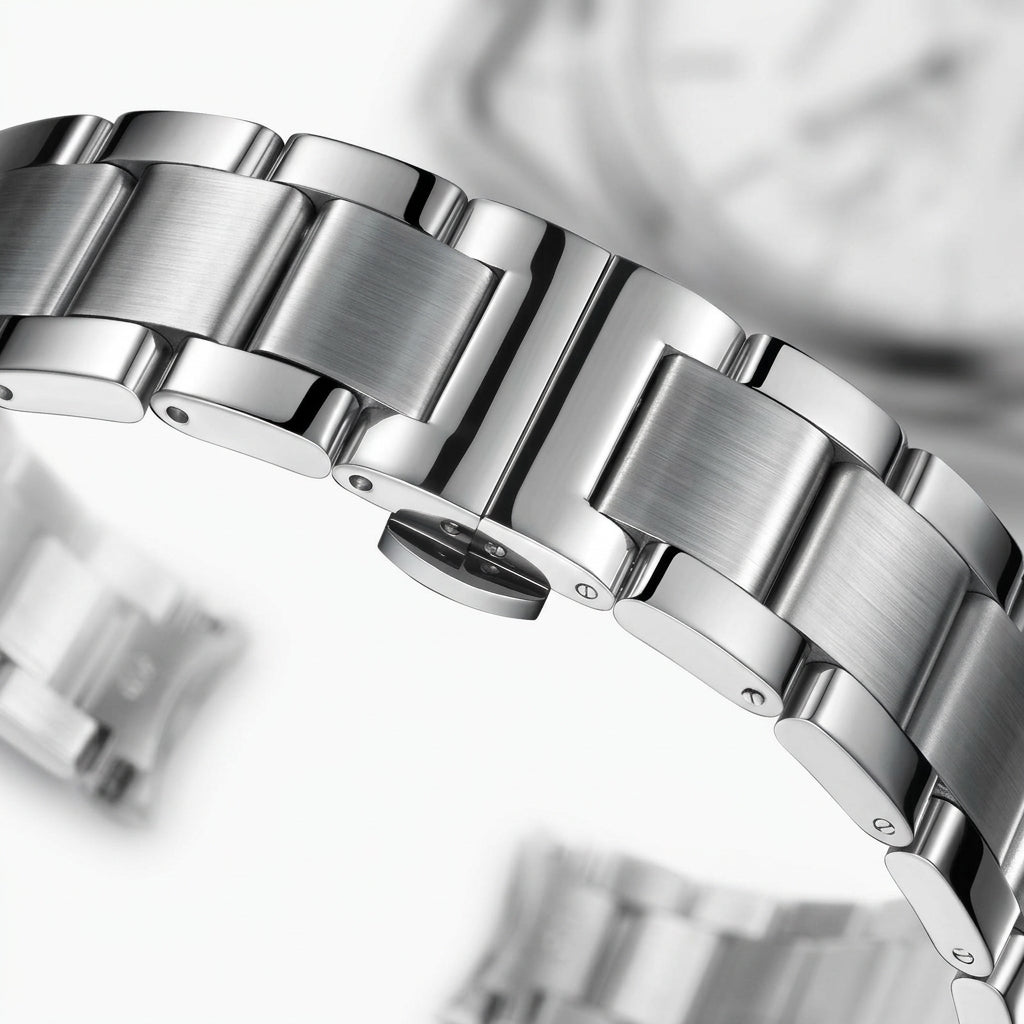 Close-up of a silver watch band with a blurred background