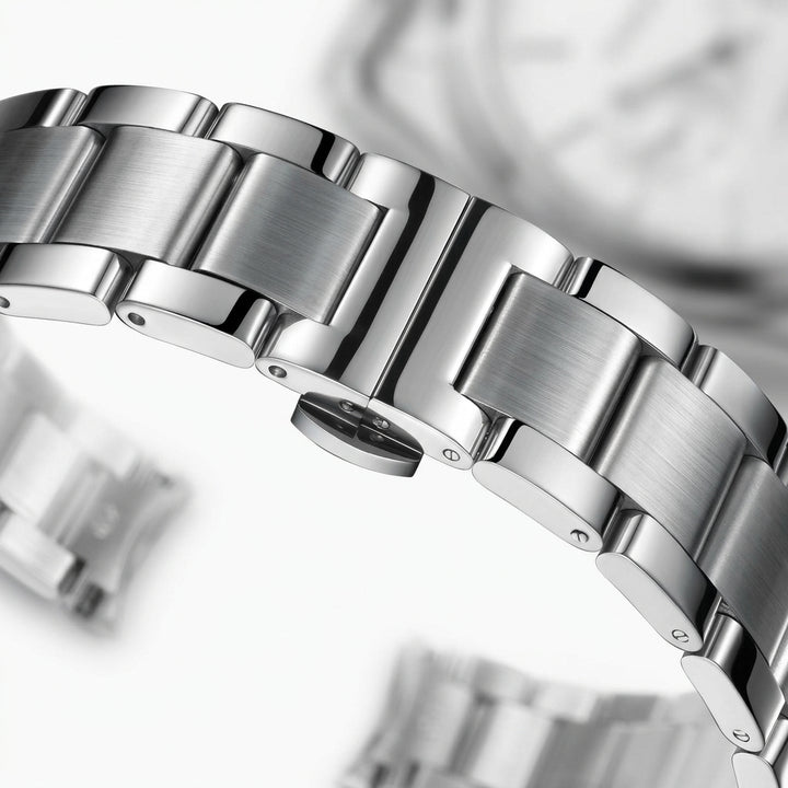 Close-up of a silver watch band with a blurred background