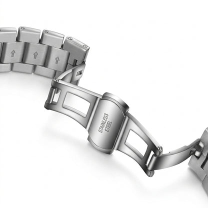 Close-up of a silver watch bracelet with &