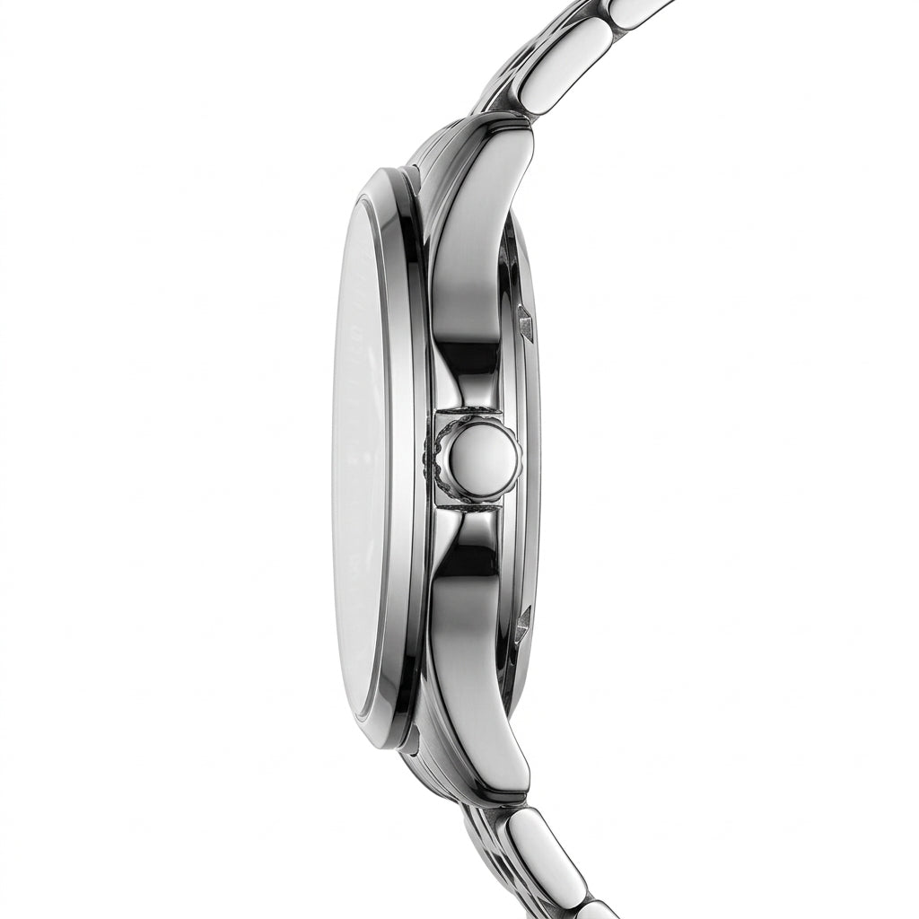 Close-up of a silver watch on a white background