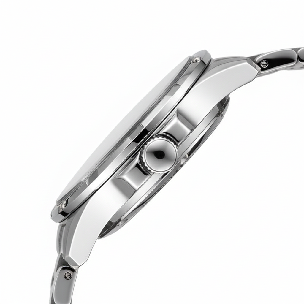 Close-up of a silver watch on a white background