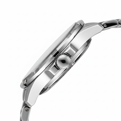 Close-up of a silver watch on a white background