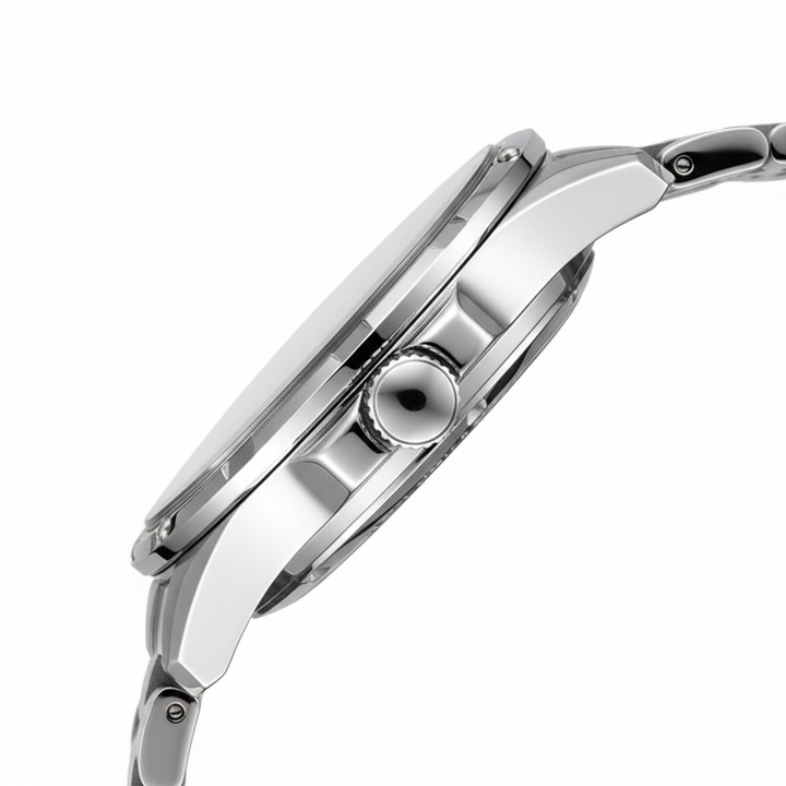 Close-up of a silver watch on a white background