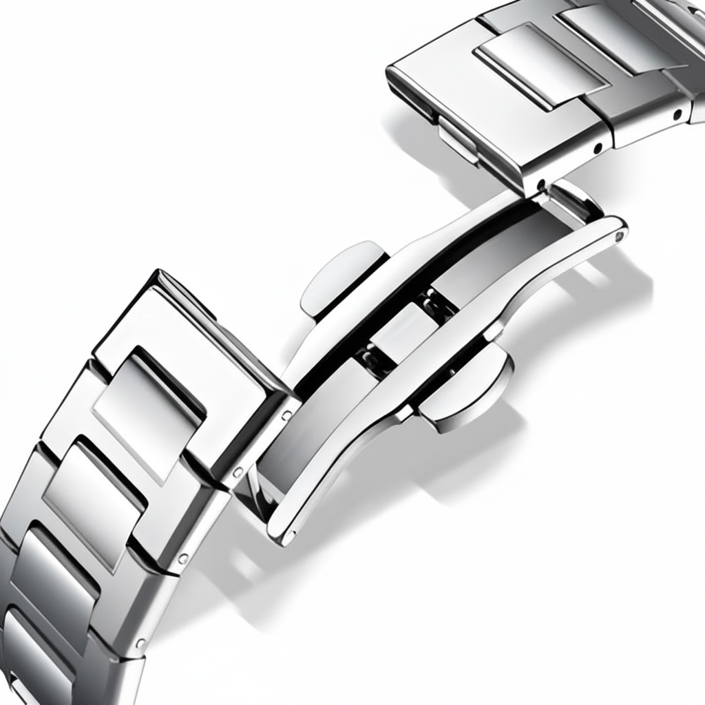 Close-up of a silver watch strap on a white background