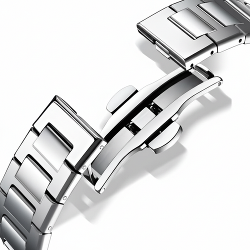 Close-up of a silver watch strap on a white background