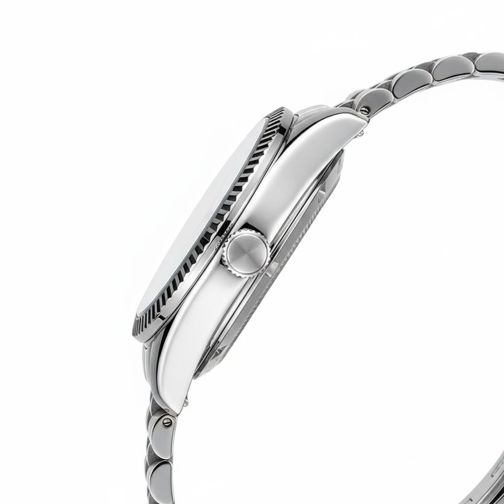 Close-up of a silver watch with a white background