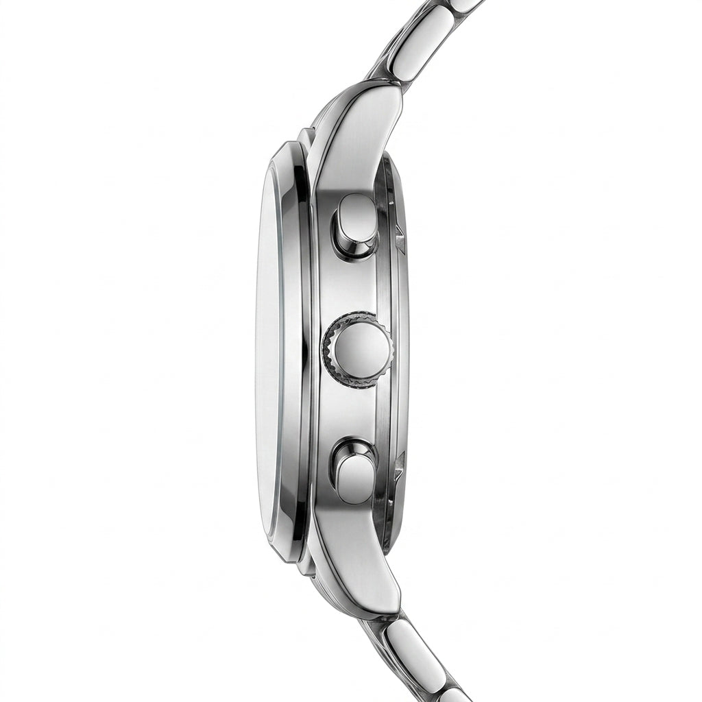 Close-up of a silver watch with a white background