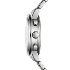 Close-up of a silver watch with a white background