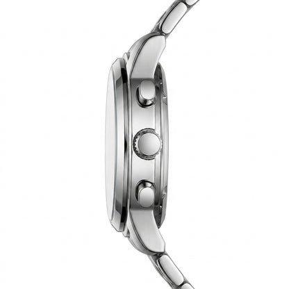 Close-up of a silver watch with a white background