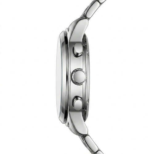 Close-up of a silver watch with a white background