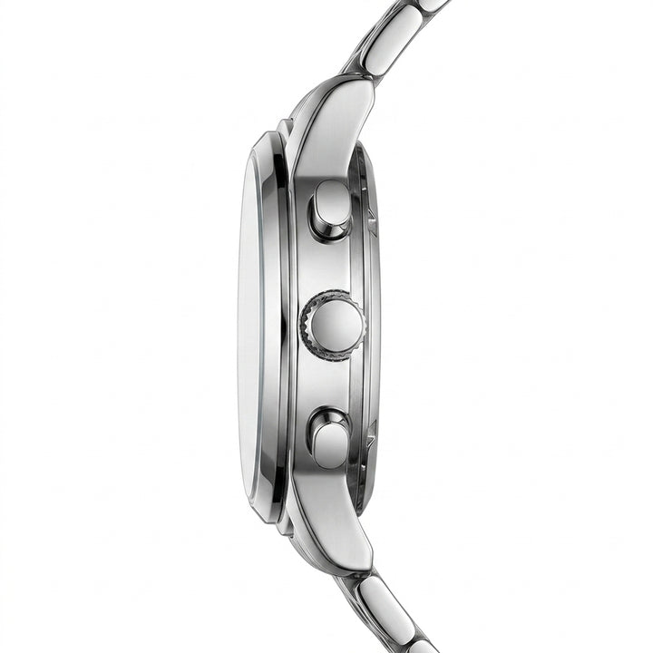 Close-up of a silver watch with a white background