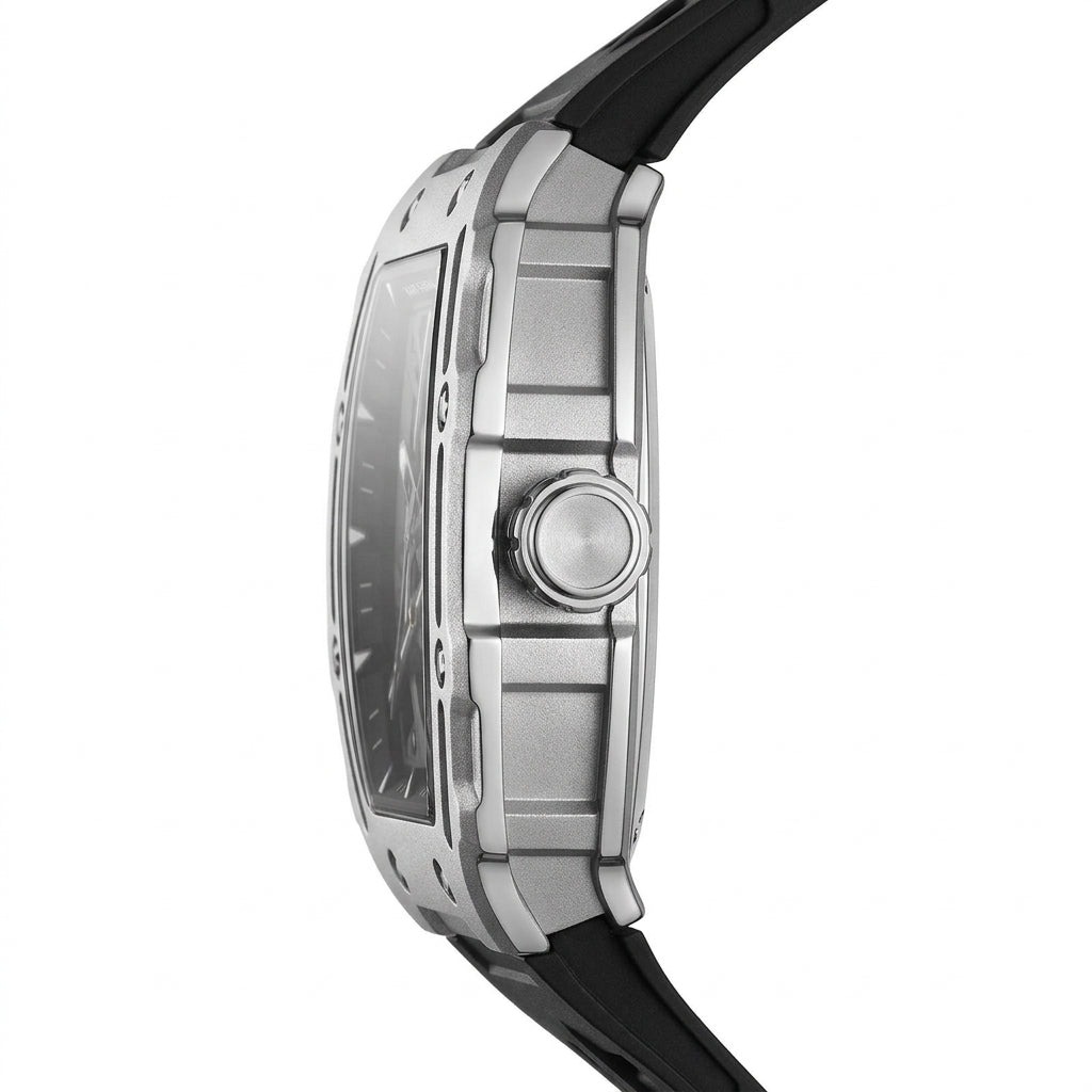 Close-up of a silver watch with a black strap on a white background