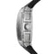 Close-up of a silver watch with a black strap on a white background
