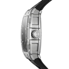 Close-up of a silver watch with a black strap on a white background