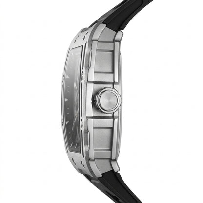 Close-up of a silver watch with a black strap on a white background