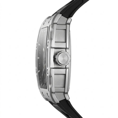 Close-up of a silver watch with a black strap on a white background