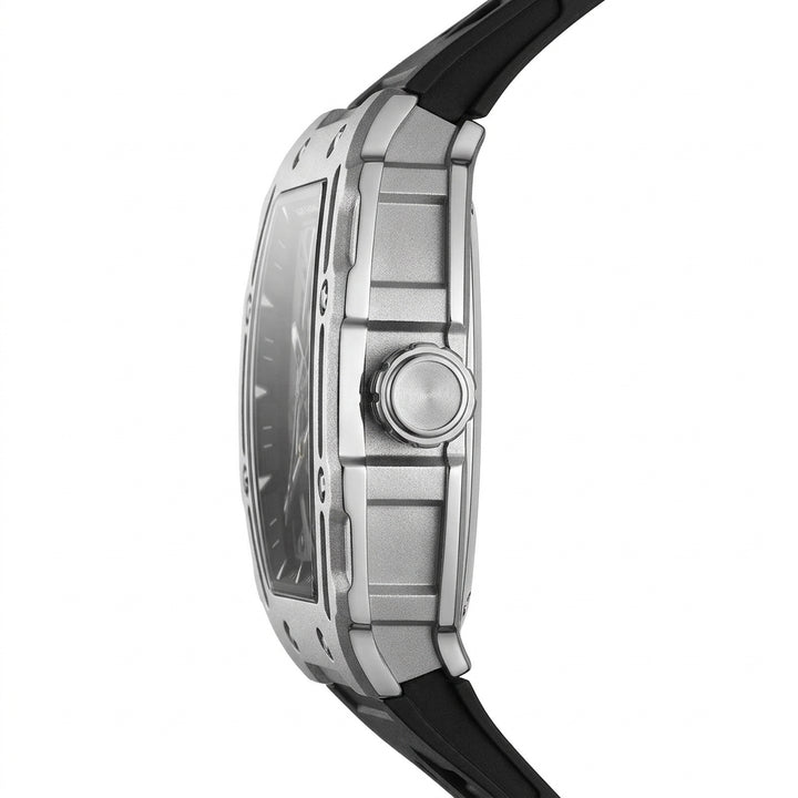 Close-up of a silver watch with a black strap on a white background