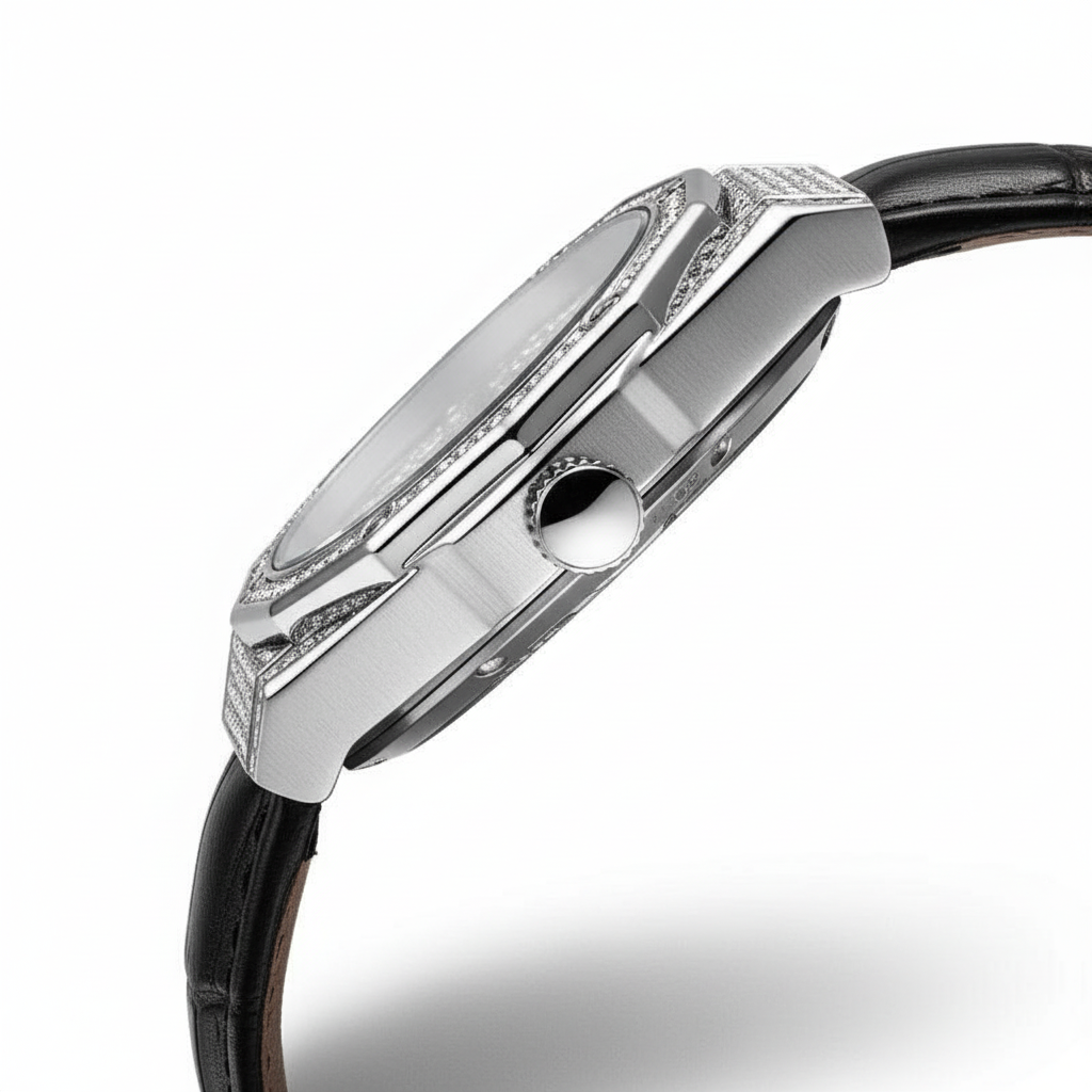 Close-up of a silver watch with a black strap on a white background