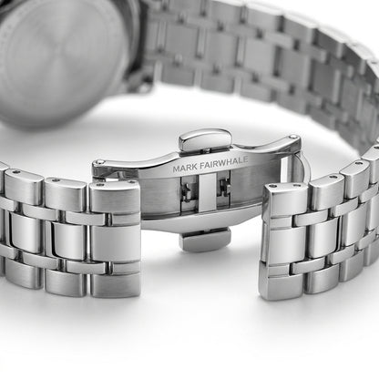 Close-up of a silver watch with a metal bracelet on a white background