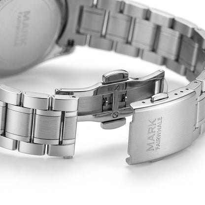 Close-up of a silver watch with a visible brand name on a white background