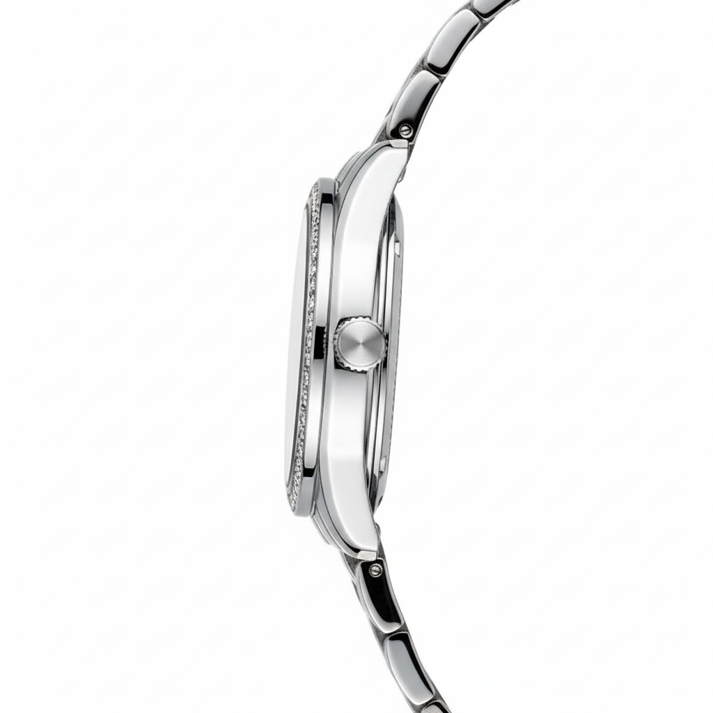 Close-up of a silver watch with a white background