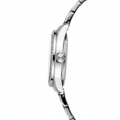 Close-up of a silver watch with a white background