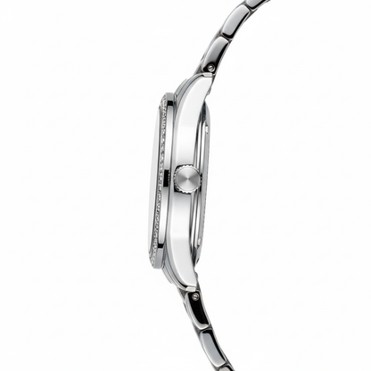 Close-up of a silver watch with a white background