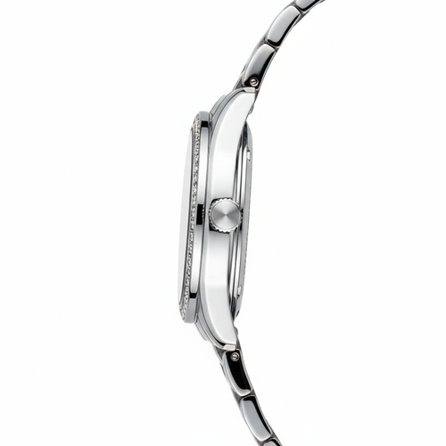 Close-up of a silver watch with a white background
