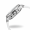 Close-up of a silver watch with a white strap on a white background