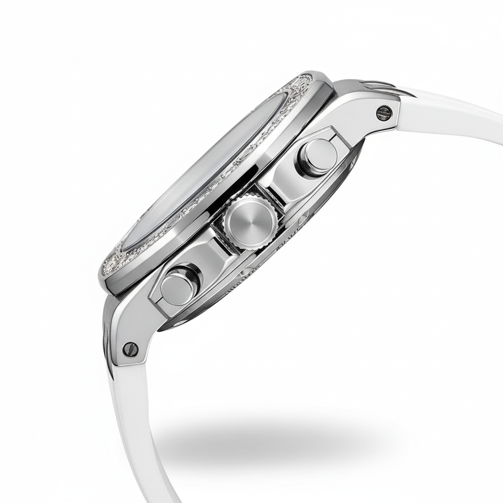 Close-up of a silver watch with a white strap on a white background