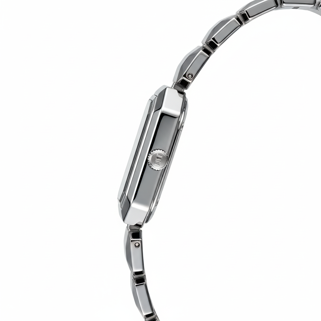 Close-up of a silver watch with a white background