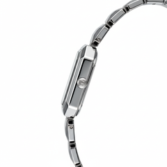 Close-up of a silver watch with a white background