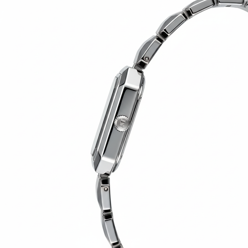 Close-up of a silver watch with a white background