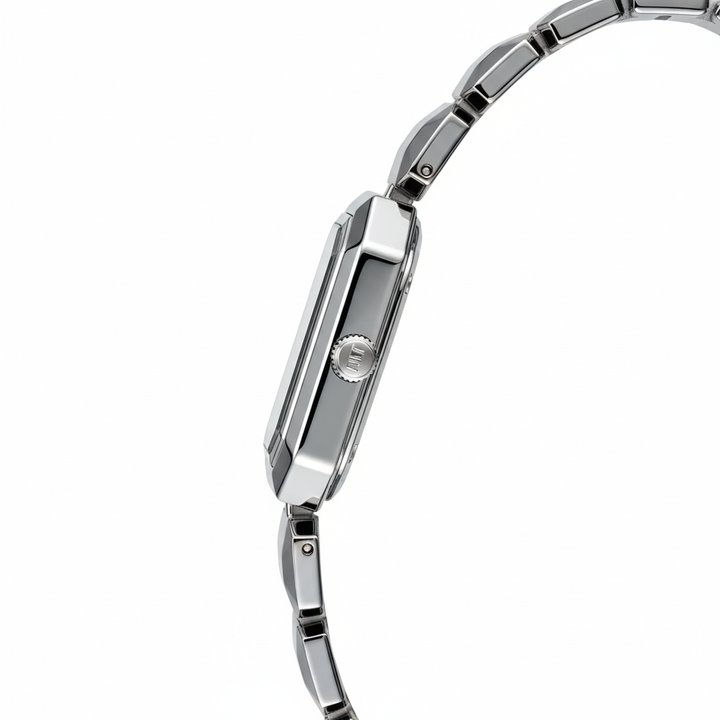 Close-up of a silver watch with a white background