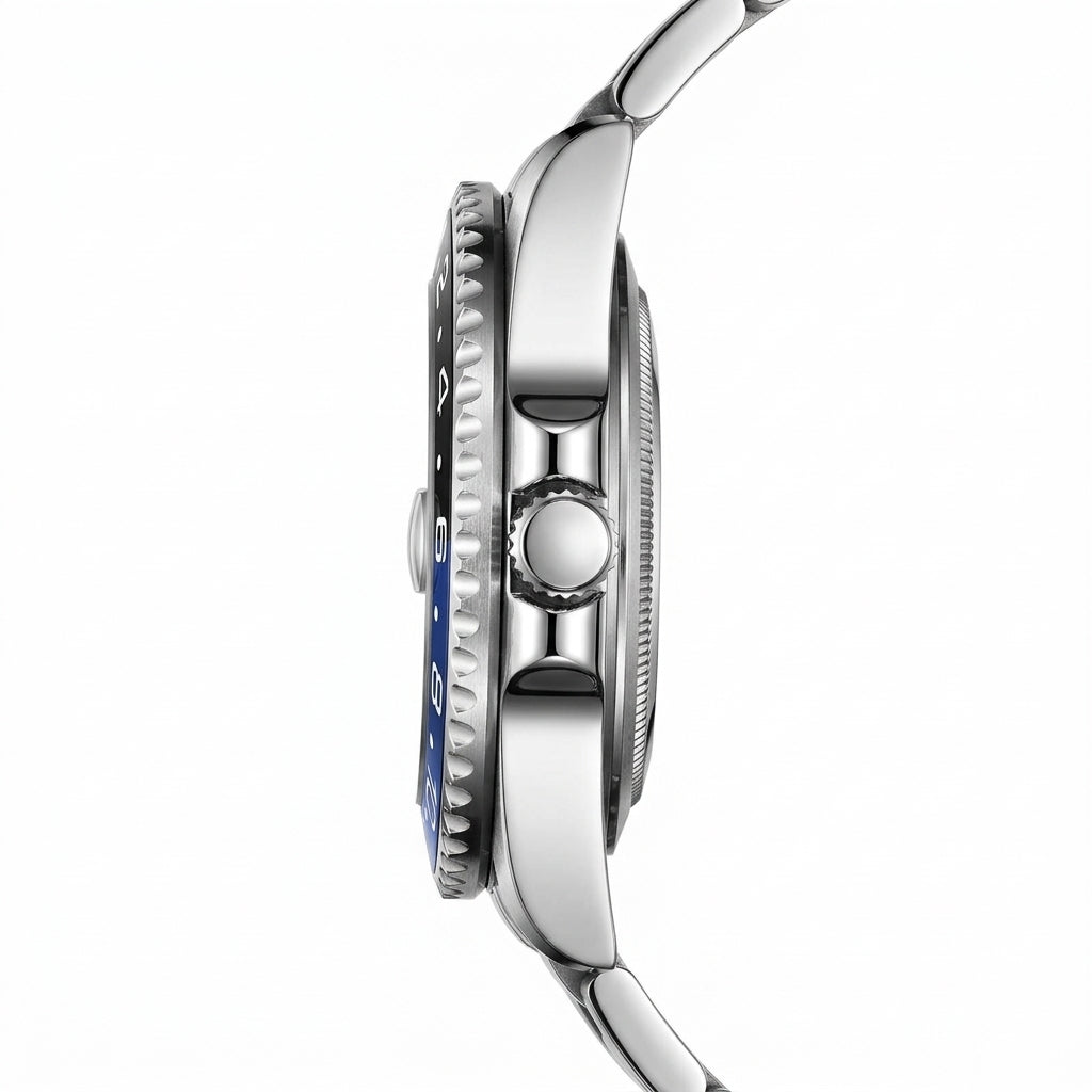 Close-up of a silver watch with blue accents on a white background