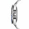 Close-up of a silver watch with blue accents on a white background