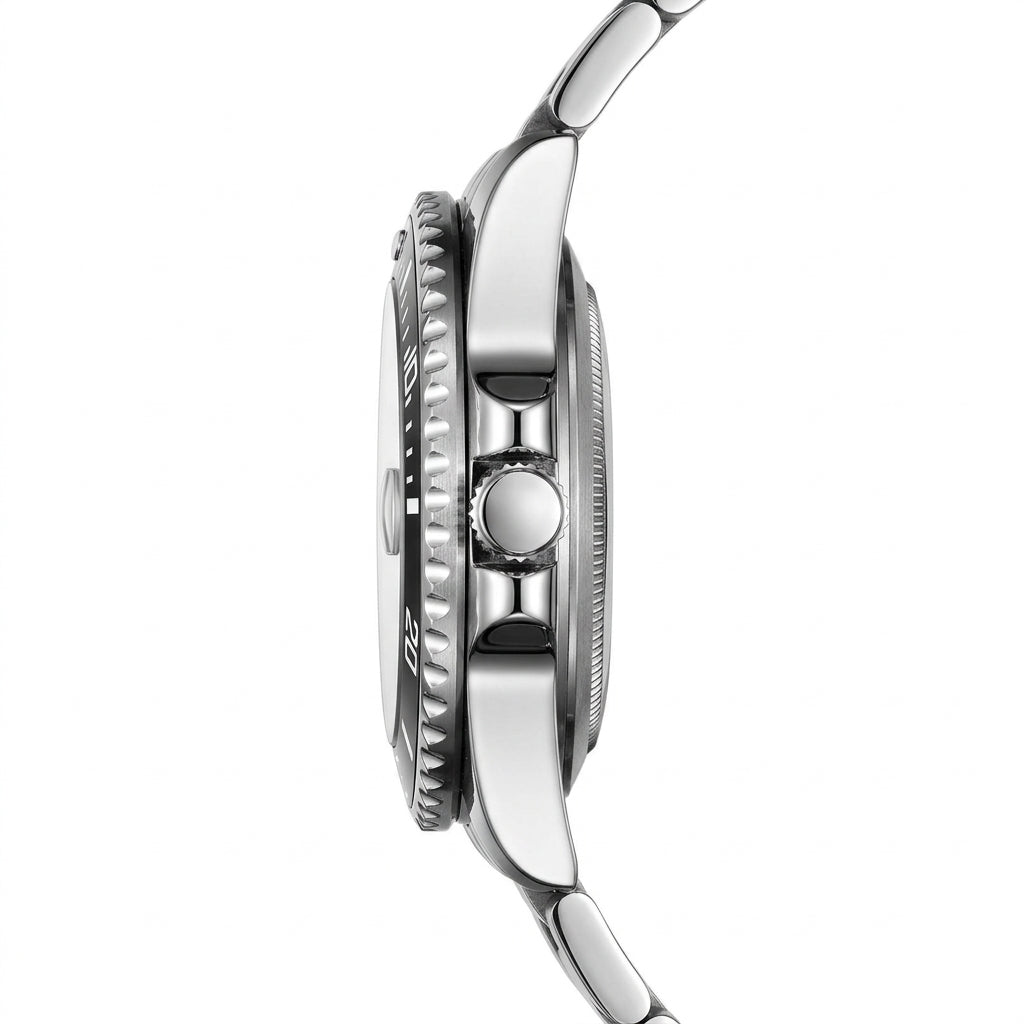 Close-up of a silver watch with detailed design on a white background