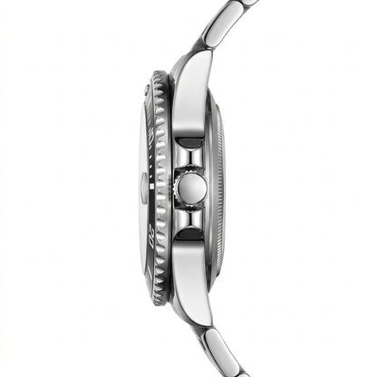 Close-up of a silver watch with detailed design on a white background