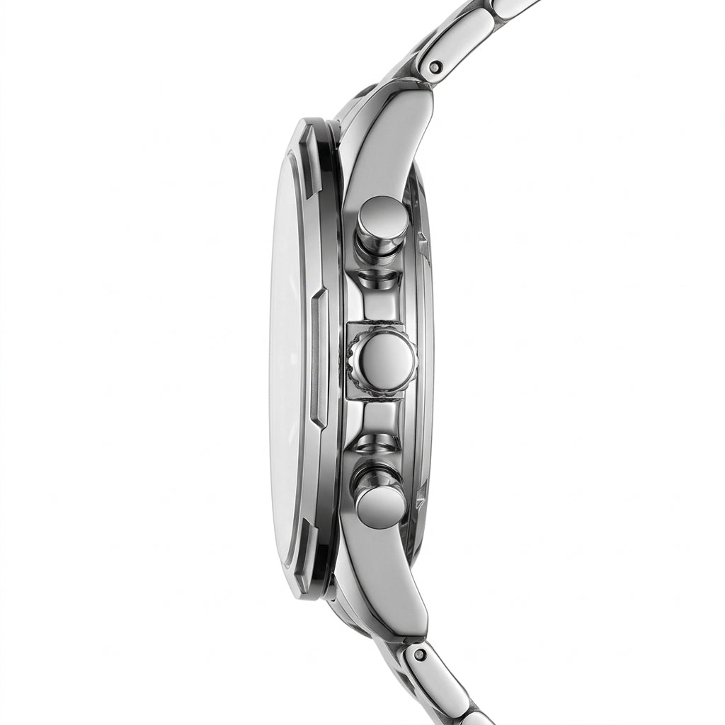 Close-up of a silver watch with detailed case and strap on a white background
